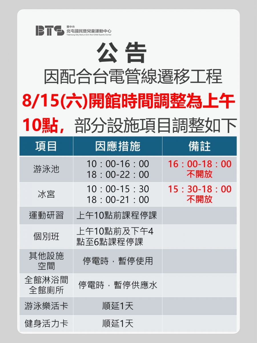 配合台電管線遷移工程 8/15(六)開館時間調整為上午10點，部分設施項目調整如公告